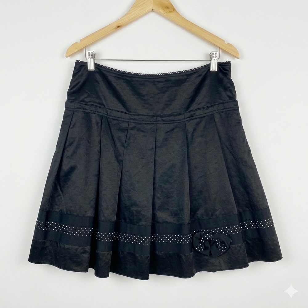 VTG Cynthia Steffe Black Satin Pleated Mini Skirt Bow Polka Dot Made in USA 10